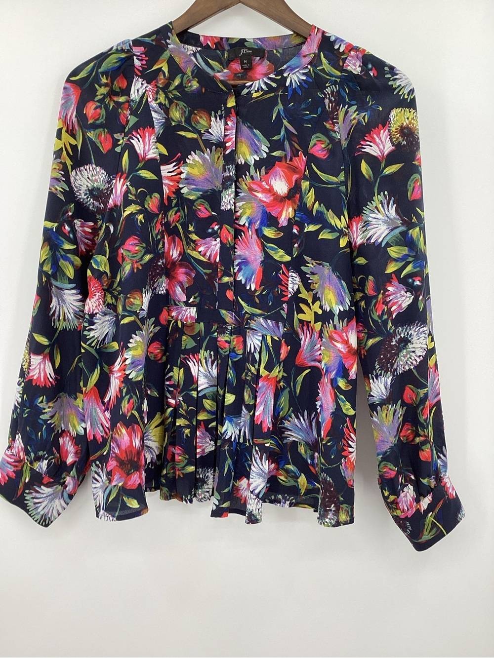 J. Crew Silk Floral Peplum Long-Sleeve Top